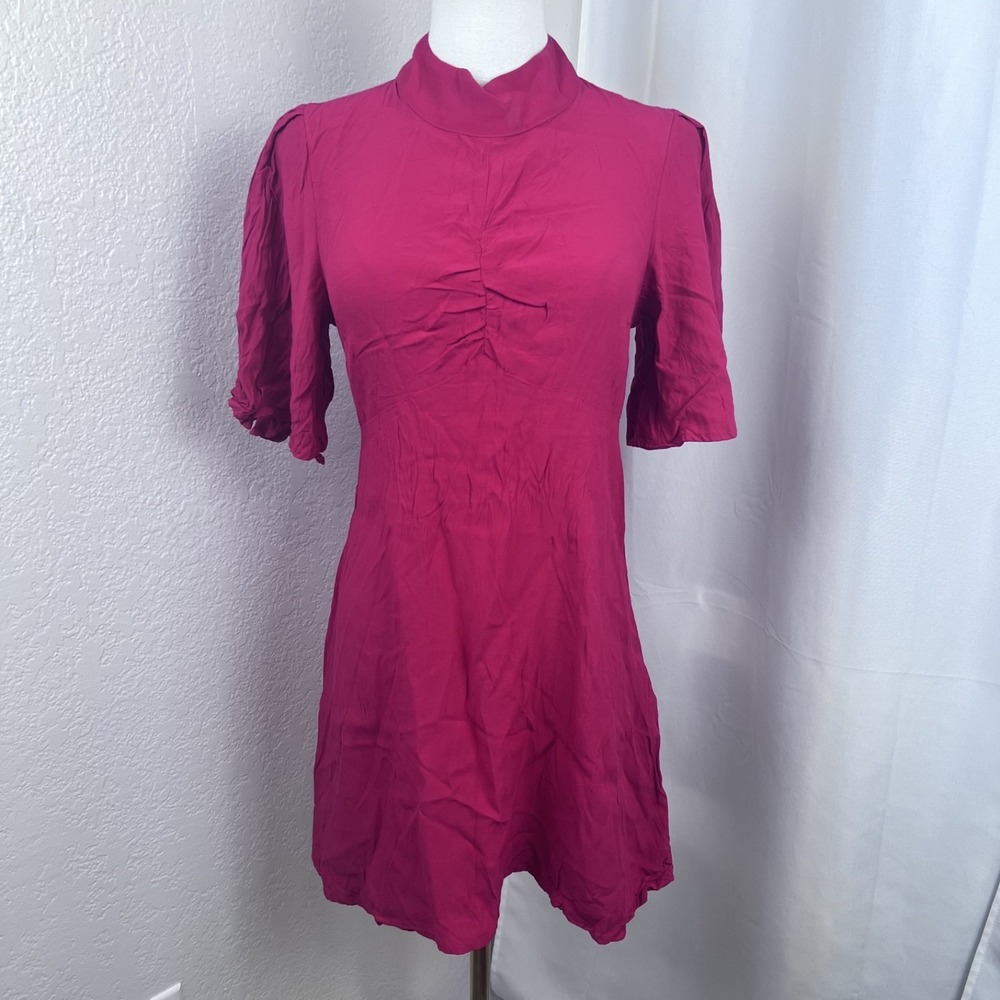 Free People Be My Baby Mini Dress Womens 8 Red Ruched Mock Neck Feminine Boho